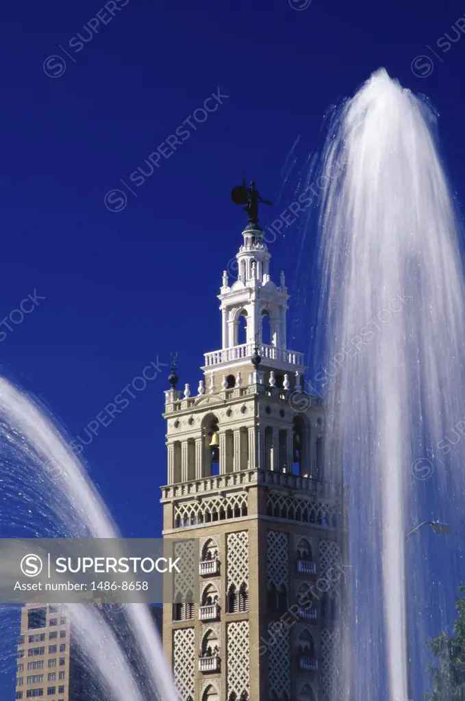 Fountain in front of a bell tower, Giralda Bell Tower, Kansas City, Missouri, USA