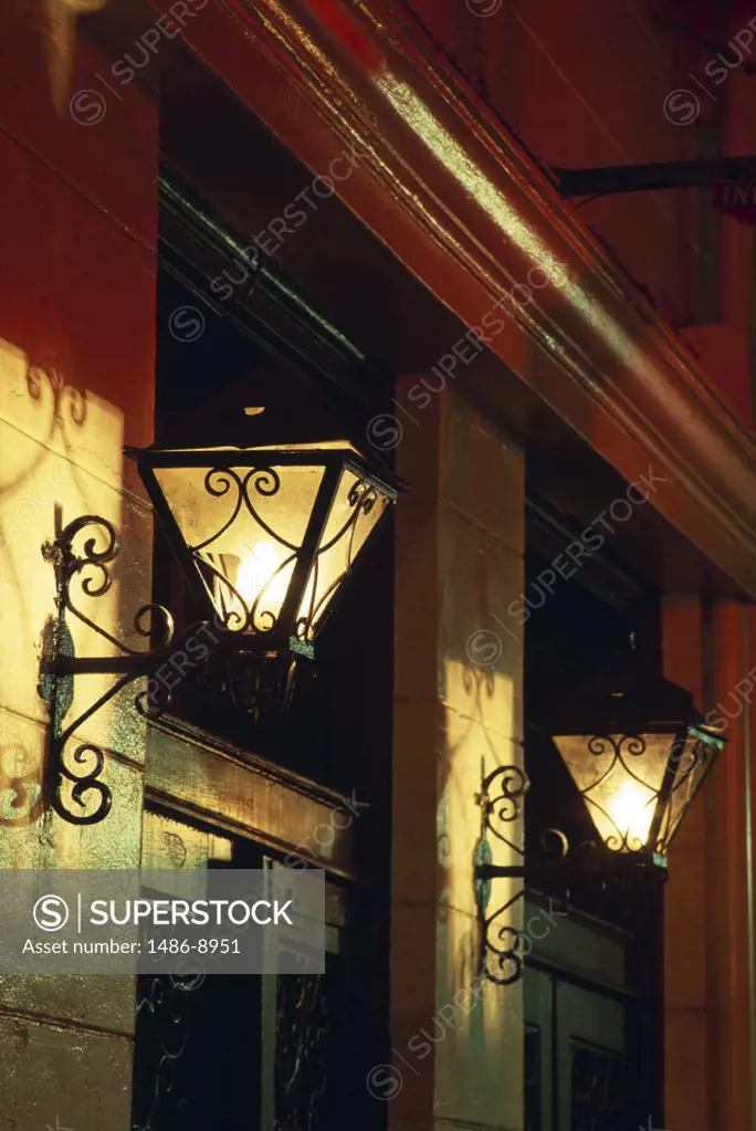 Lanterns lit up at night, French Quarter, New Orleans, Louisiana, USA