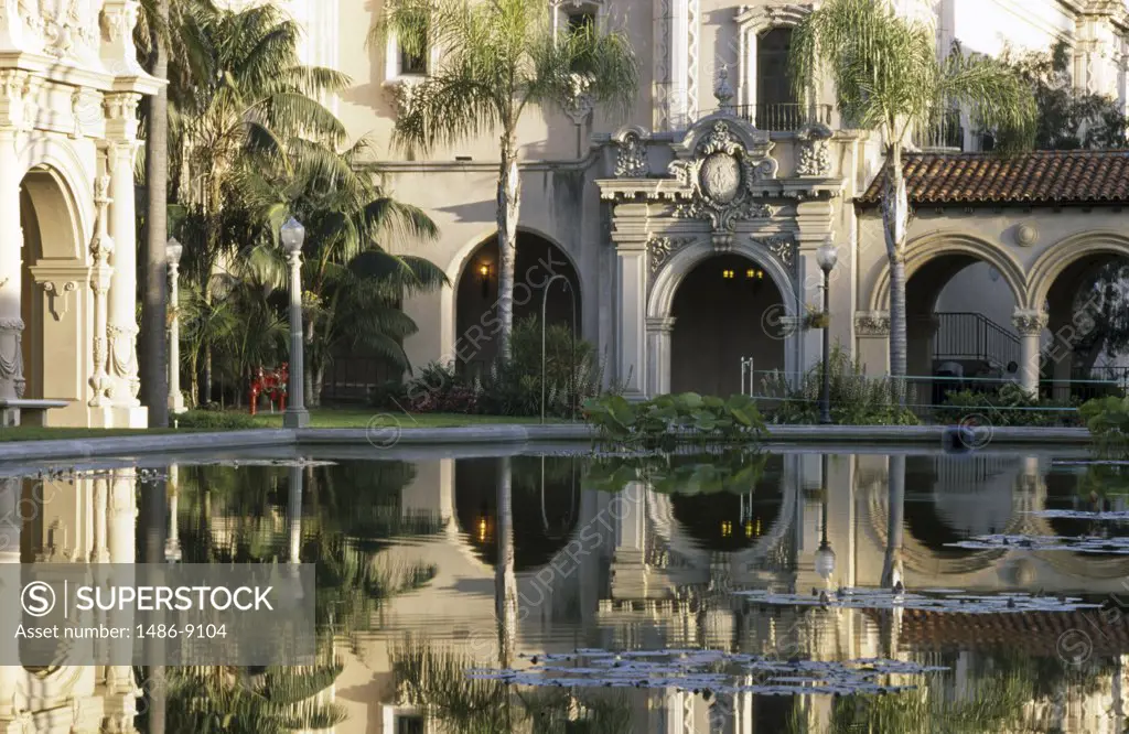Reflection of a building in water, House of Hospitality, Balboa Park, San Diego, California, USA