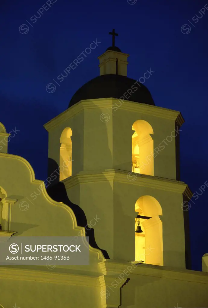 Church building lit up at night, Mission San Luis Rey de Francia, Oceanside, California, USA