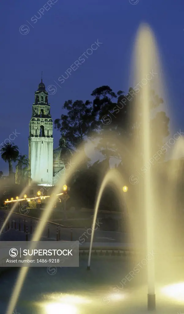 Fountain with a museum in the background, Museum of a man, Balboa Park, San Diego, California, USA