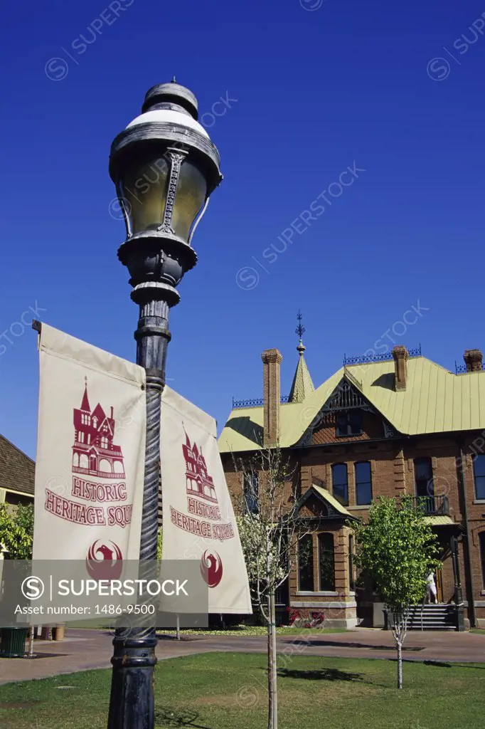 Two banners hanging on a lamppost, Rosson House, Phoenix, Arizona, USA
