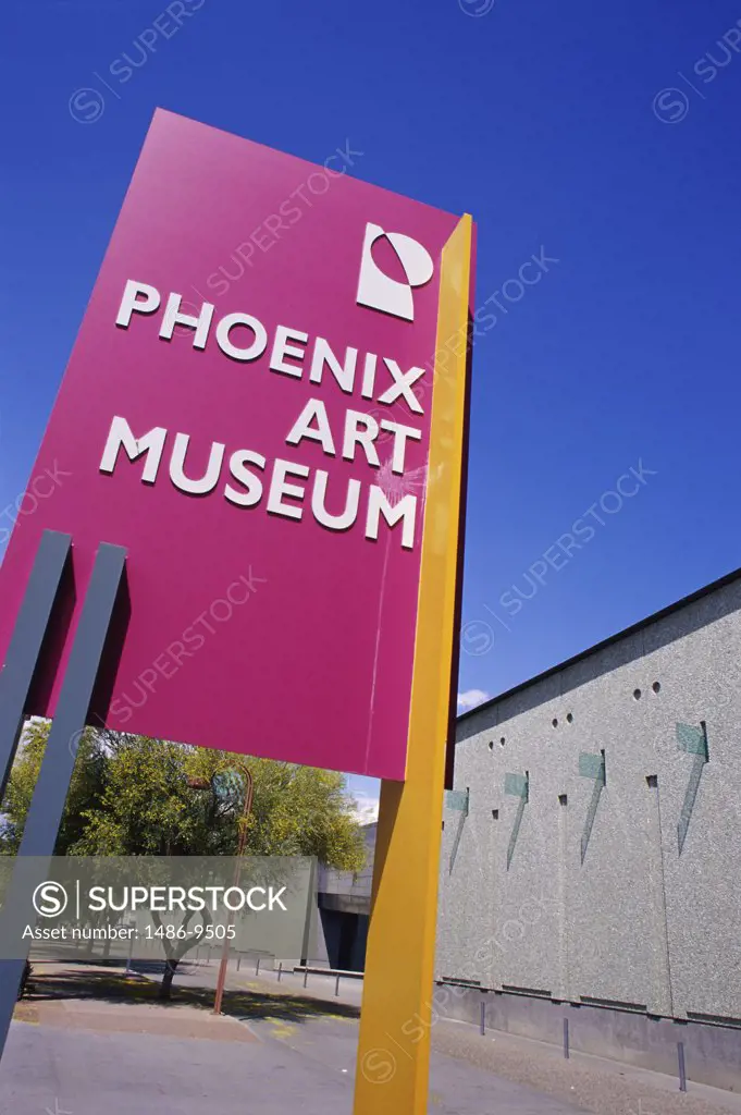 Low angle view of an information sign, Phoenix Art Museum, Phoenix, Arizona, USA