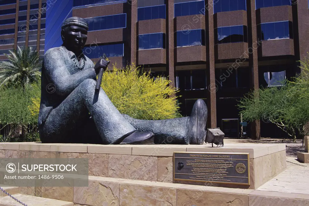 Statue in front of a building, Tribute to Navajo Code Talkers Statue, Phoenix, Arizona, USA