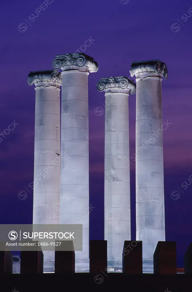Low angle view of four columns in a monument, Four Freedoms Monument, Evansville, Indiana, USA