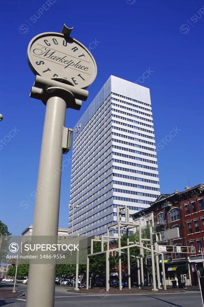 Low angle view of a street sign, Kroger Tower, Cincinnati, Ohio, USA