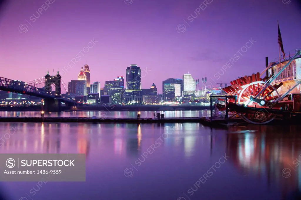 Buildings on the waterfront lit up at night, Cincinnati, Ohio, USA