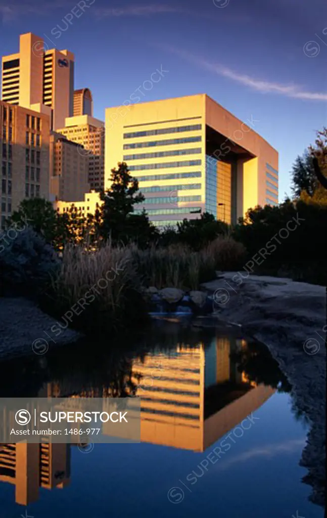 Reflection of buildings in a lake, Dallas, Texas, USA
