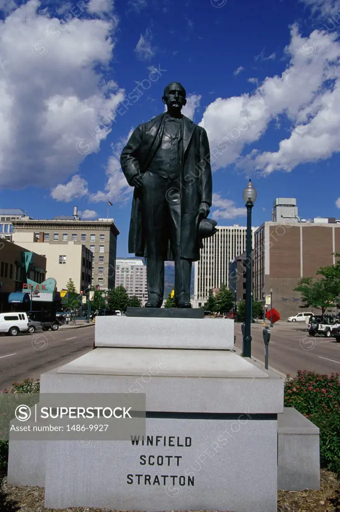 Statue of Winfield Scott Stratton mounted on a pedestal, Colorado Springs, Colorado, USA