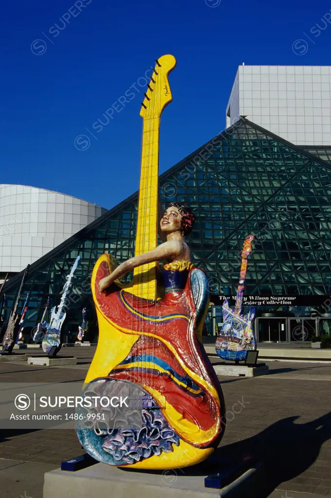 Guitars placed in front of a museum, Rock and Roll Hall of Fame and Museum, Cleveland, Ohio, USA