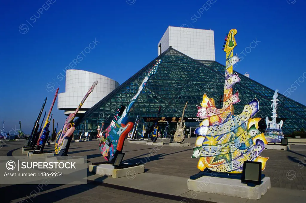 Guitars placed in front of a museum, Rock and Roll Hall of Fame and Museum, Cleveland, Ohio, USA