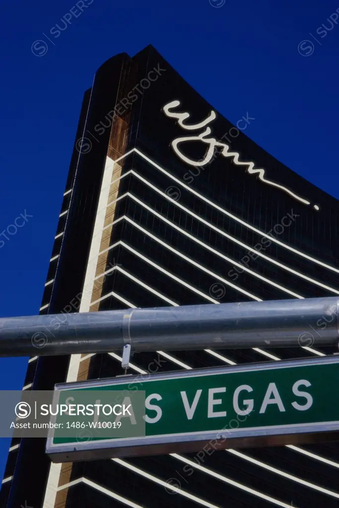 Low angle view of a street sign in front of a resort, Wynn Las Vegas, Las Vegas, Nevada, USA