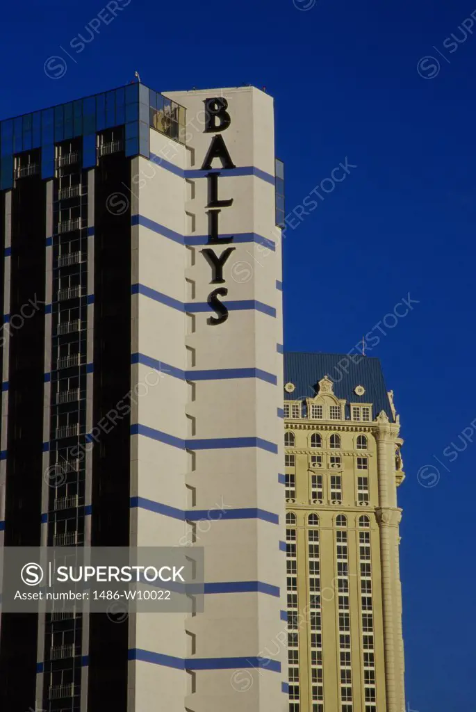 Low angle view of two hotels, Bally's Hotel and Casino, Paris Las Vegas Hotel and Casino, Las Vegas, Nevada, USA