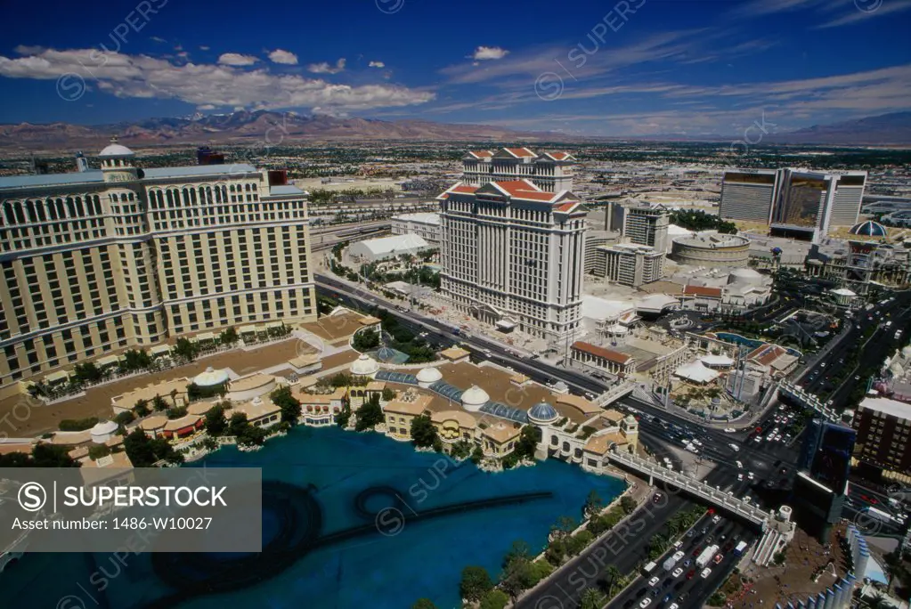 Aerial view of resorts, Bellagio Resort and Casino, Caesars Palace Hotel and Casino, Las Vegas, Nevada, USA