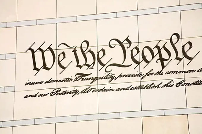 Preamble to the US Constitution on the a wall of a museum, National Constitution Center, Old City, Philadelphia, Pennsylvania, USA