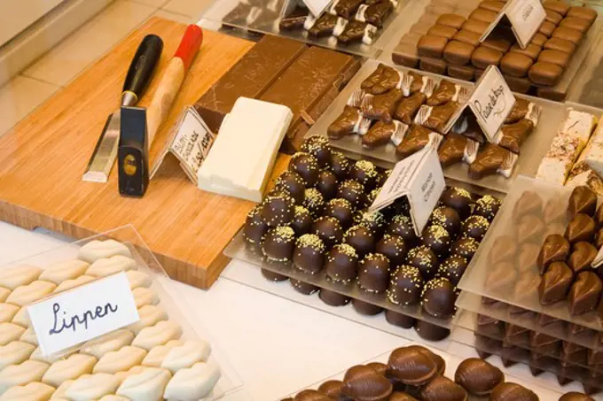 Chocolates in a store, Simon Stevin Plaza, Bruges, Belgium