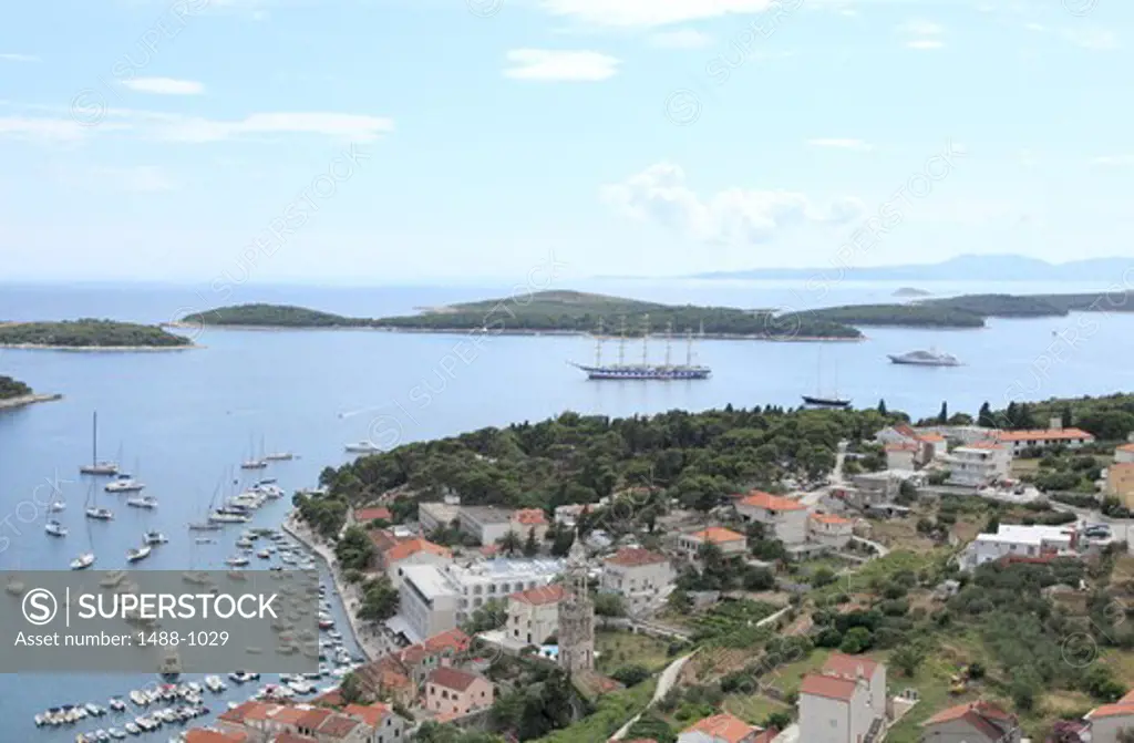 High angle view of a city at the waterfront, Hvar, Split-Dalmatia County, Croatia