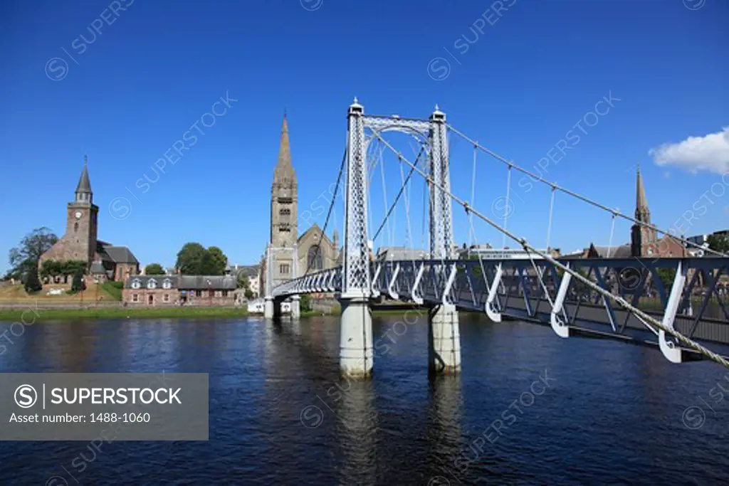 Suspension bridge across a river, Infirmary Bridge, River Ness, Inverness, Highlands Region, Scotland