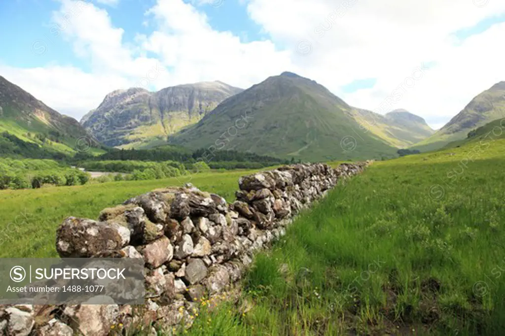 Stone wall in a field, Glencoe, Highlands Region, Scotland