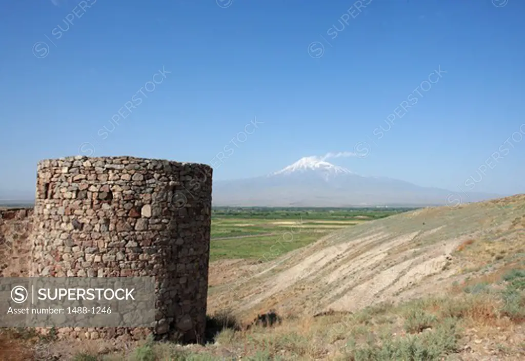 Armenia, Defensive Tower of Khor Vinap Monastery and Mt. Ararat