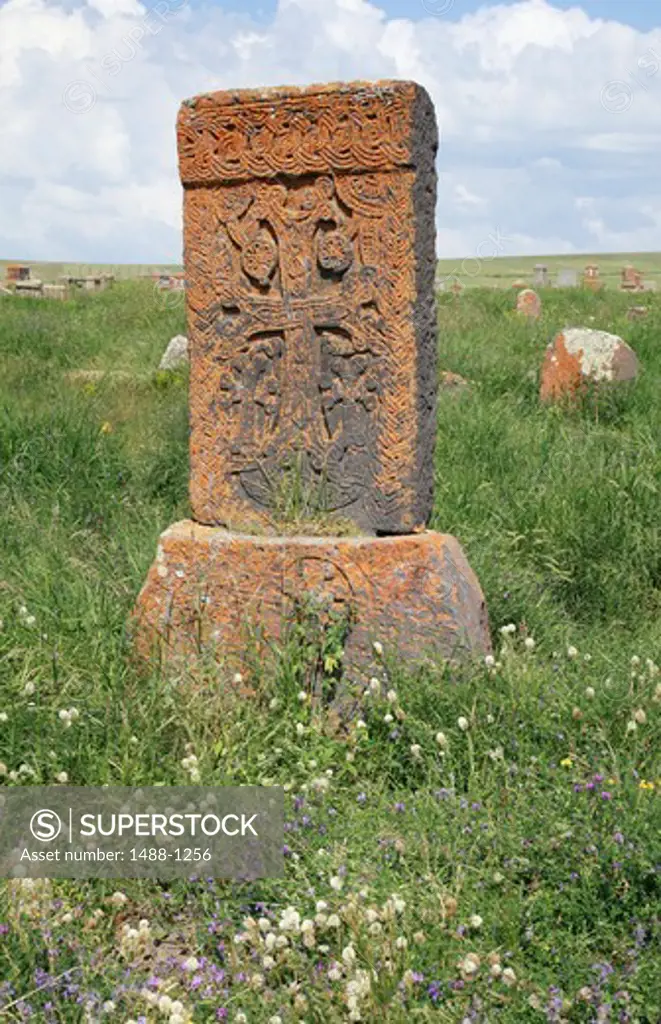 Armenia, Lake Sevan, Noradus, Stone Cross in meadow