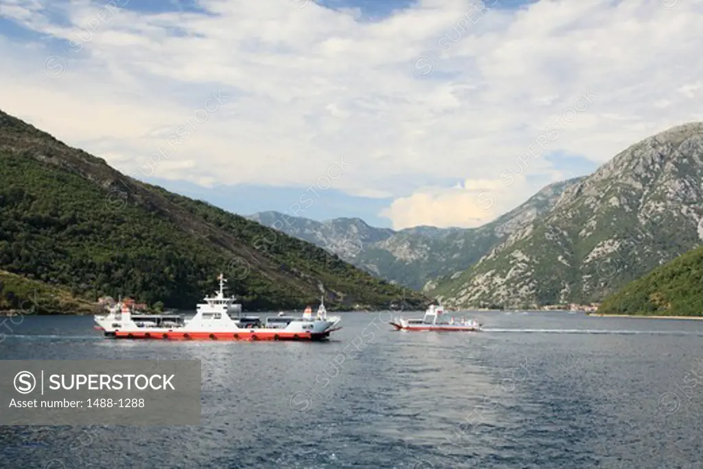 Montenegro, Kotor Fjord, Ferries crossing Fjord entrance