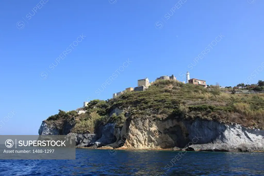 Italy, Ponza, Headland with Lighthouse and Cemetery on top
