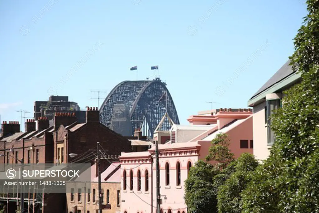 Australia, Sydney, Houses in 'The Rocks' and Harbour Bridge