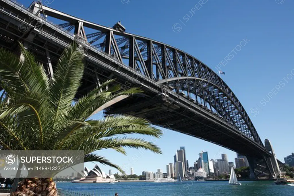 Australia, Sydney, View of Harbour Bridge and Opera House and City from North Sydney Olympic Drive)