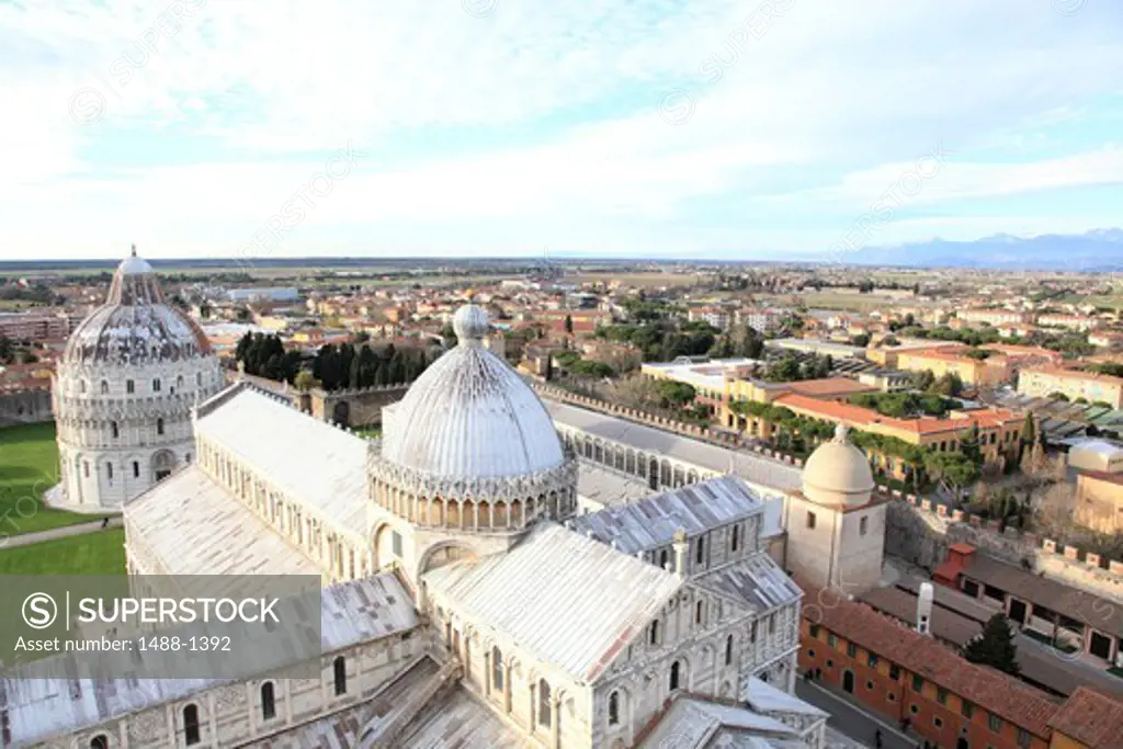 Italy, Pisa, View from fop of Leaning Tower of cathedral and baptistery
