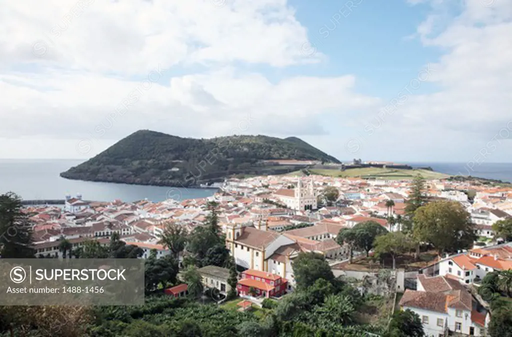 Houses in a town on the coast, Angra Do Heroismo, Terceira Island, Azores, Portugal