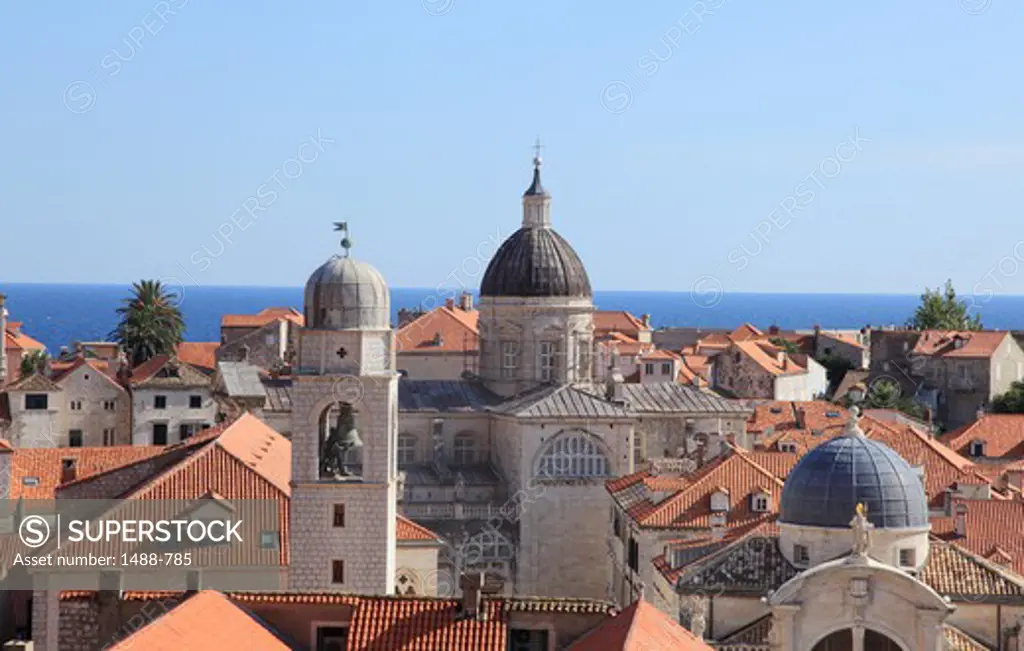 Houses and churches in a city, Dubrovnik Cathedral, Dubrovnik, Dalmatia, Croatia