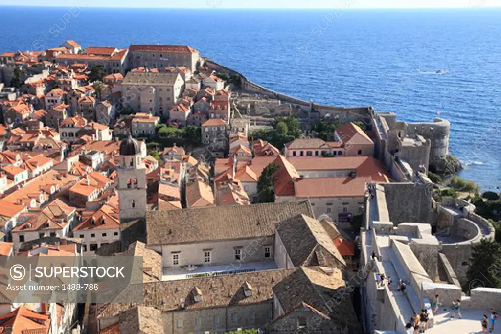High angle view of houses with defensive walls, Adriatic Sea, Dubrovnik, Dalmatia, Croatia