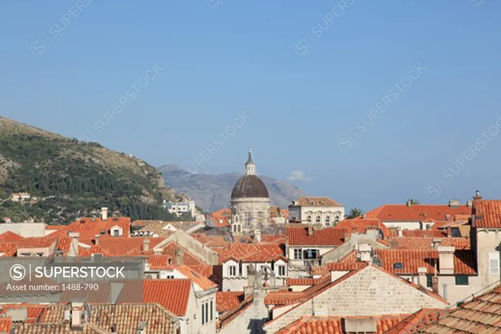 Houses and a cathedral in a city, Dubrovnik Cathedral, Dubrovnik, Dalmatia, Croatia