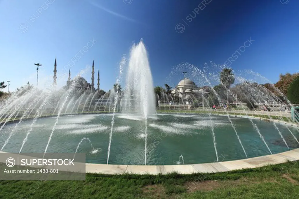 Fountain with the Blue Mosque in the background, Istanbul, Turkey