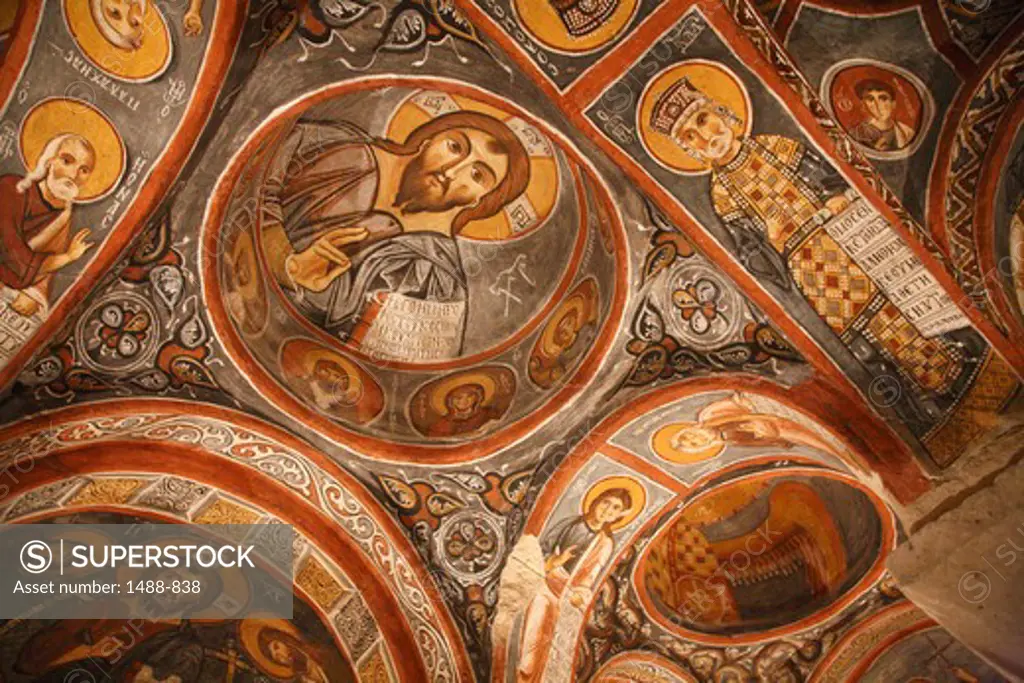 Fresco details on the ceiling of Karanlik Kilise church, Goreme, Cappadocia, Central Anatolia, Turkey