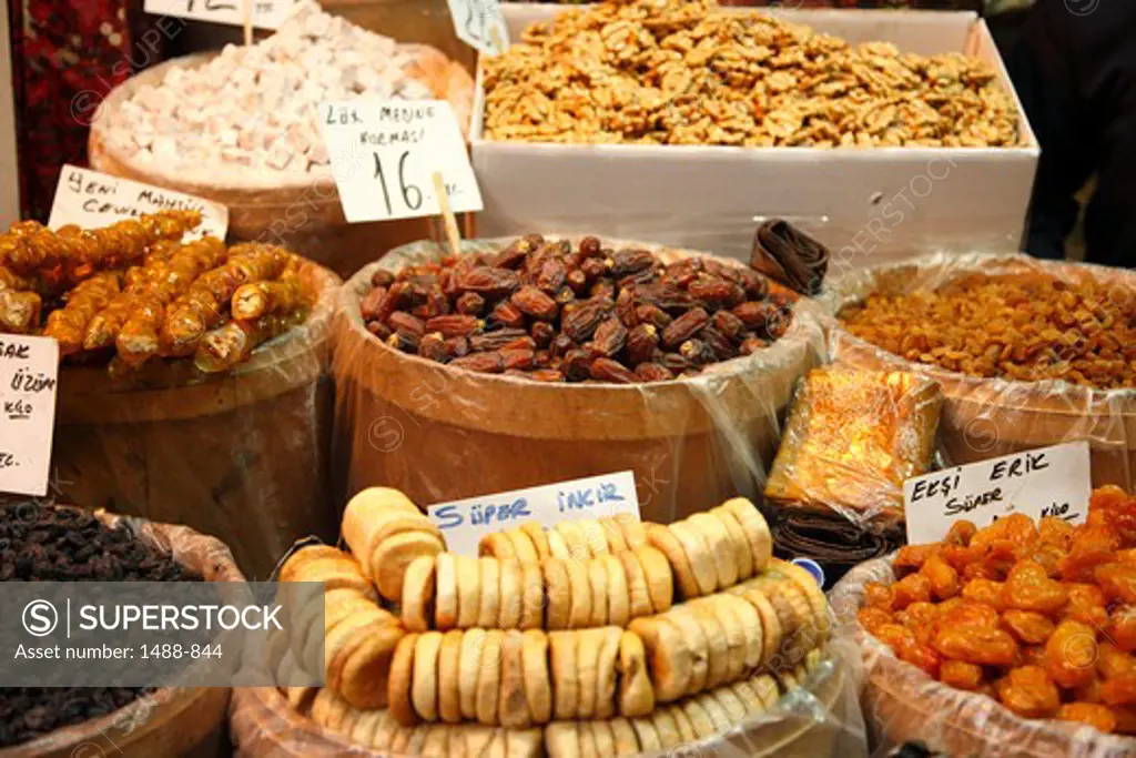 Dry fruits for sale at a market stall, Grand Bazaar, Istanbul, Turkey