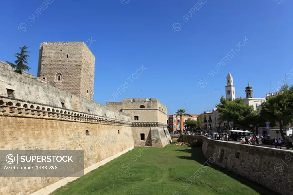 Fortified wall with church in the background, Parochial Church, Bari, Puglia, Italy