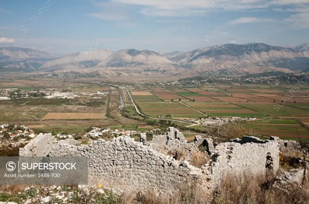 Ruins of a building with agricultural fields in the background, Saranda, Albania