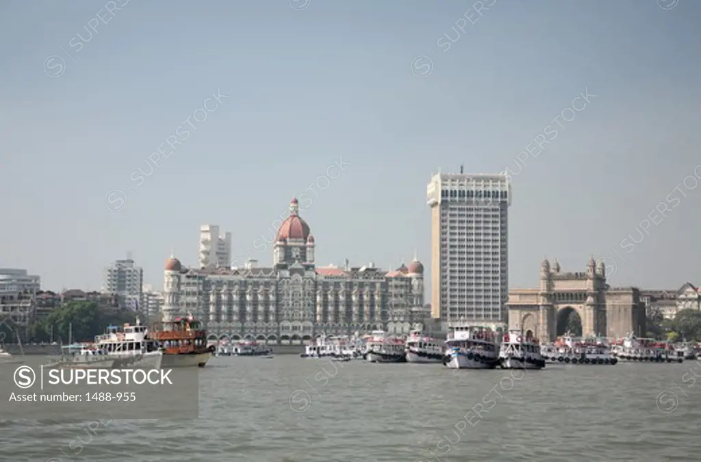 Hotel and monument at the waterfront, Taj Mahal Palace And Tower, Gateway of India, Mumbai, Maharashtra, India