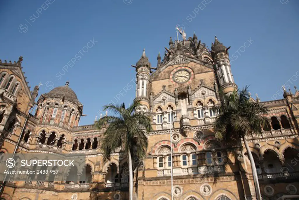 Low angle view of a railway station building, Chhatrapati Shivaji Terminus, Mumbai, Maharashtra, India