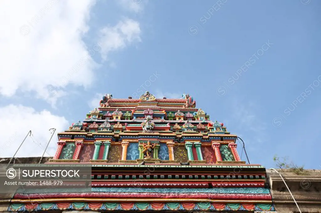 Low angle view of Hindu temple, Sri Meenakshi Hindu Temple, Madurai, Tamil Nadu, India