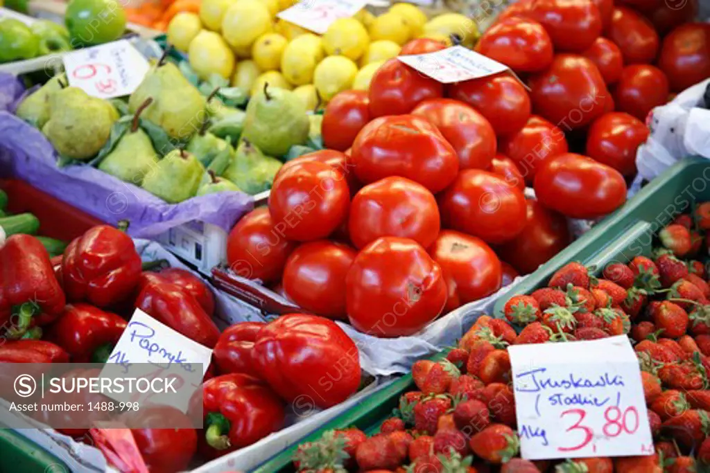 Close-up of fruits and vegetables for sale at market stall, Central Market, Wroclaw, Poland
