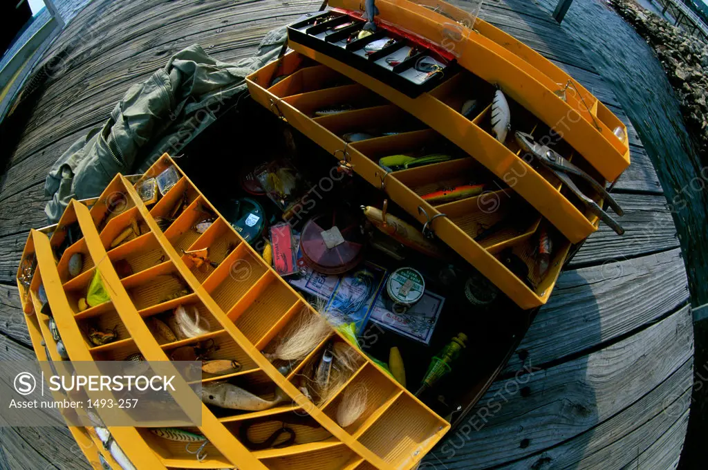 High angle view of a fishing tackle box