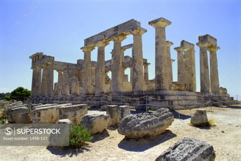 Low angle view of the ruins of a temple, Temple of Aphaia, Aegina, Greece