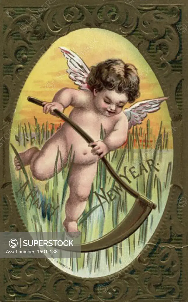 A Happy New Year (Angel with Sickle) Postcard Private Collection