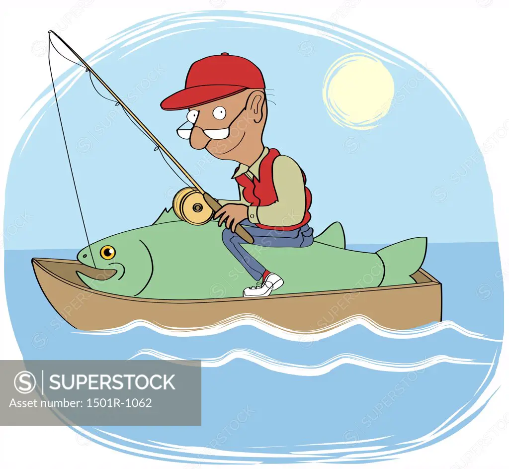 Man with fishing rod in rowing boat sitting on big fish, illustration