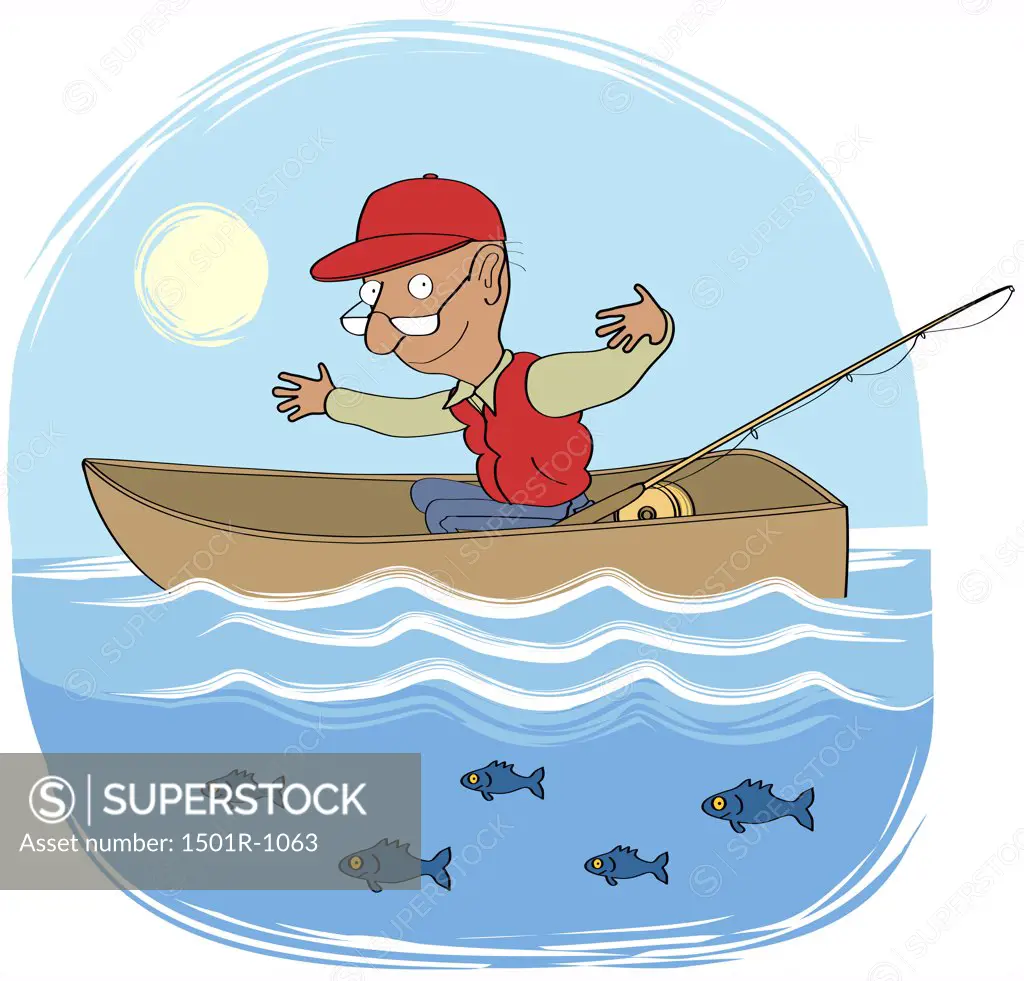 Man in rowing boat showing size of fish (Big fish 2), illustration