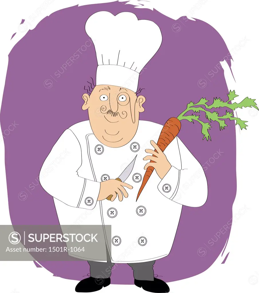 Chef holding carrot and kitchen knife, illustration