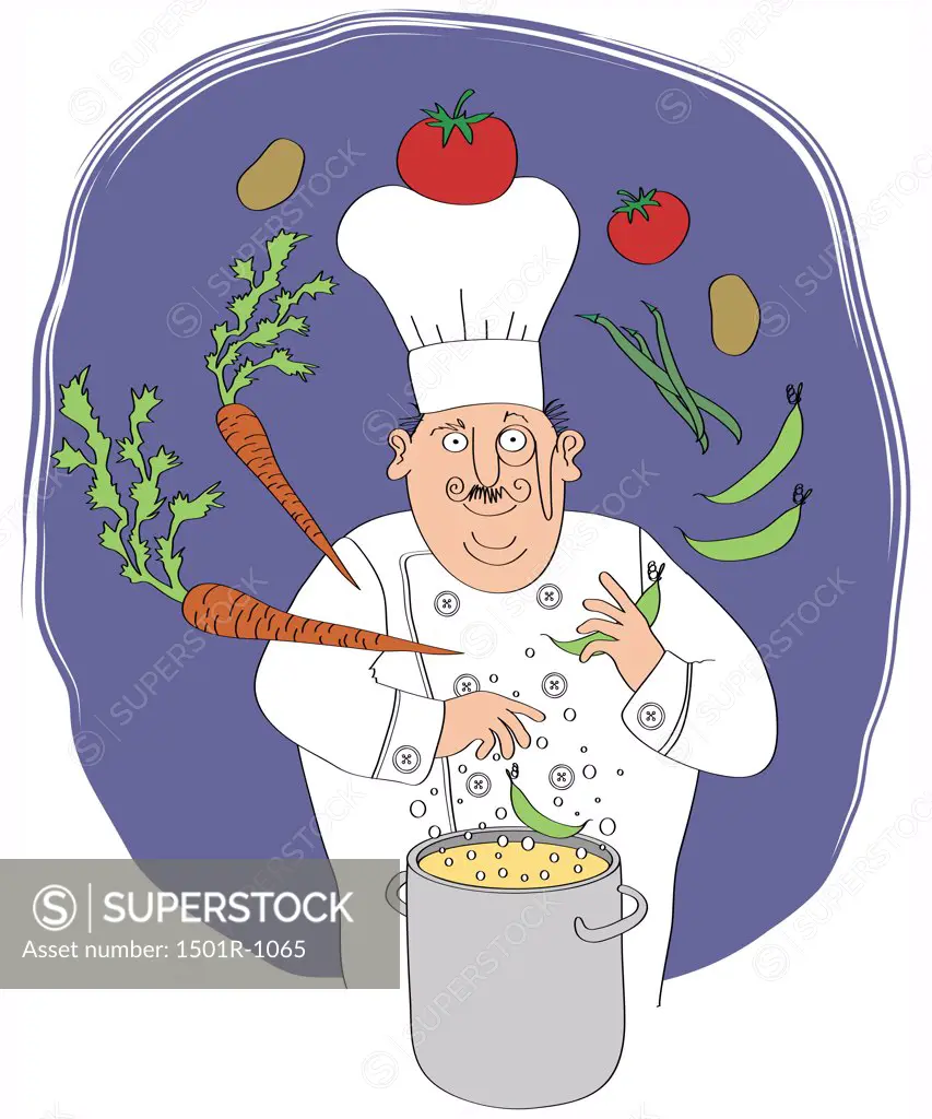 Chef juggling vegetables, pot with food in the foreground